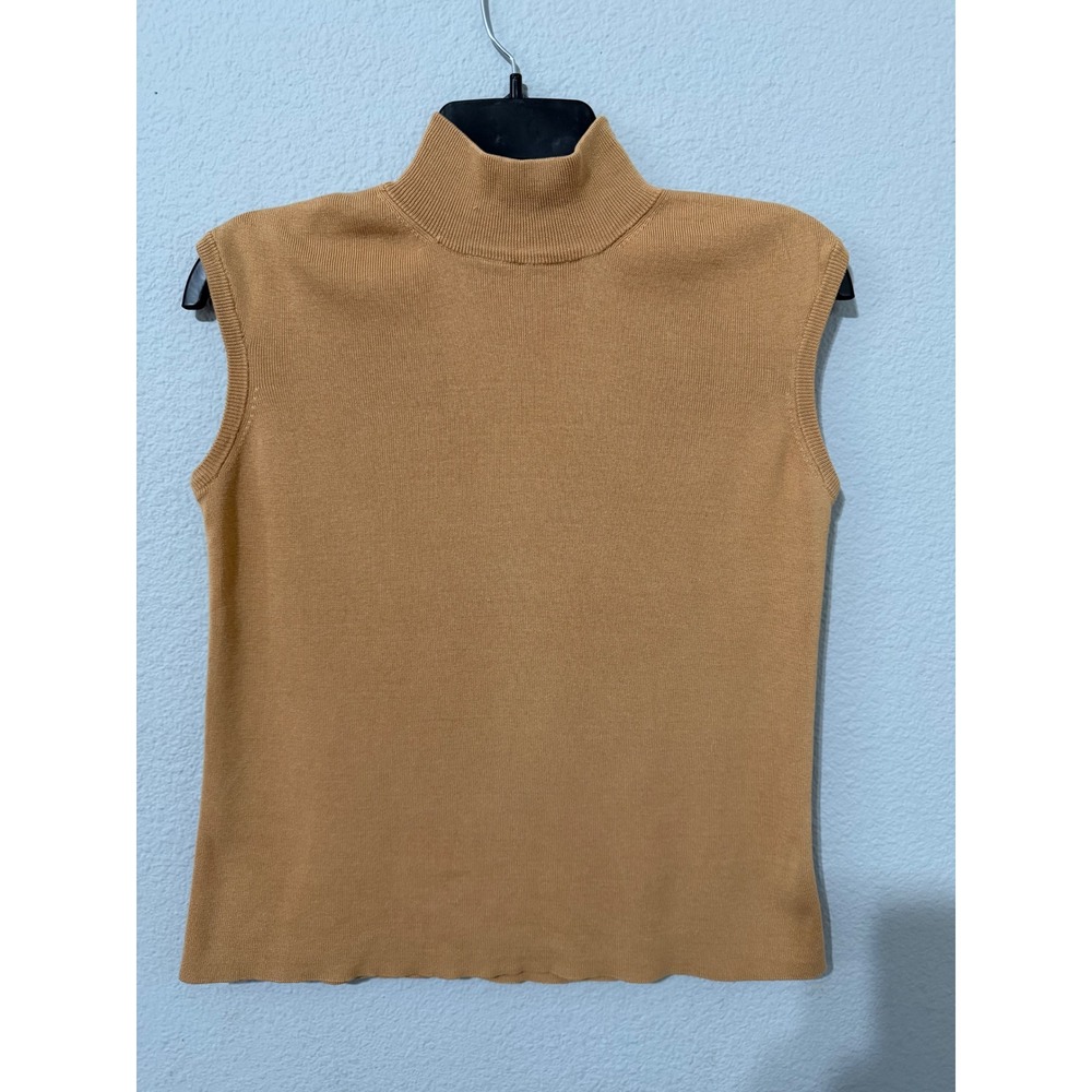 Coldwater Creek Women Top M Camel Tan Mock Neck Sleeveless Knit Shell Minimalist
